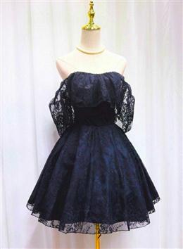 Picture of Blue Lace Off Shoulder Short Party Dresses, Blue Homecoming Dresses Party Dress